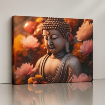 Sacred Bloom Glow Buddha Canvas Print with lotus flowers and glow.