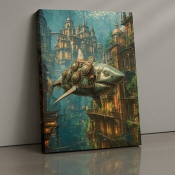 Mech Shark City futuristic sci-fi canvas print by Artfy Canvas – cyberpunk mech canvas painting, wall paintings, artwork for wall décor