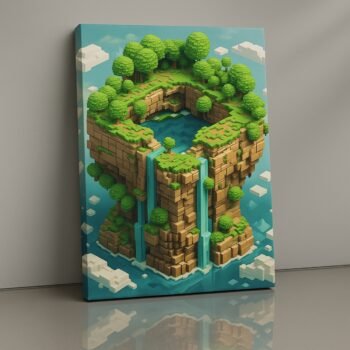 Skyblock Falls pixel fantasy canvas print by Artfy Canvas – gaming inspired cube art canvas painting, wall paintings, artwork for wall décor