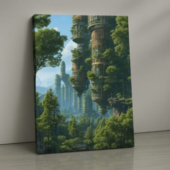 Verdant Towers eco utopia canvas print by Artfy Canvas – futuristic green city canvas painting, wall paintings, artwork for wall décor