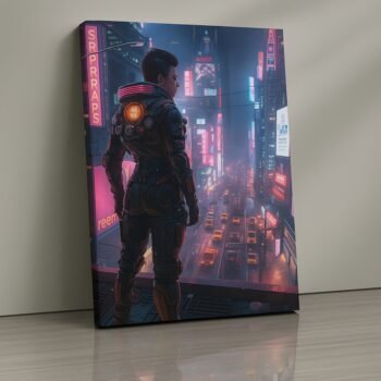 Neon Vanguard cyberpunk guardian canvas print by Artfy Canvas – futuristic hero canvas painting, wall paintings, artwork for wall décor