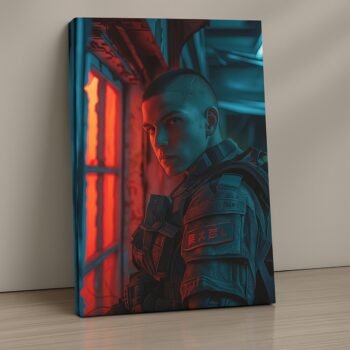 Ember Protocol futuristic portrait canvas print by Artfy Canvas – cyberpunk hero canvas painting, wall paintings, artwork for wall décor