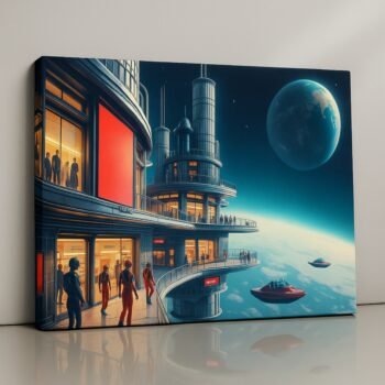Galactic Bazaar sci-fi canvas print with glowing market and hovering ships