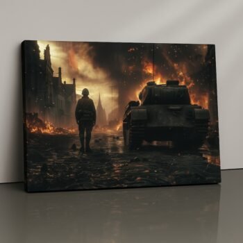 Iron Aftermath soldier and tank canvas print in fiery ruins
