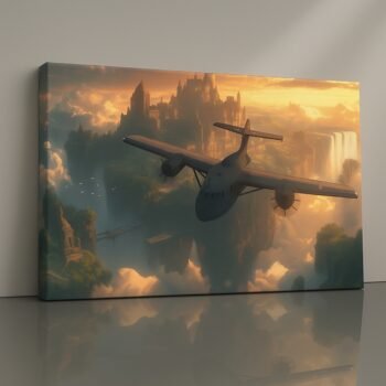 Skybound Kingdom fantasy canvas print with glowing castles and aircraft