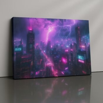 Neon Tempest futuristic city canvas print with neon lights and lightning