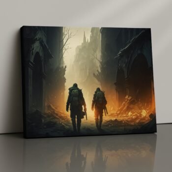 Ashes of Valor survival canvas print with figures in glowing ruined city