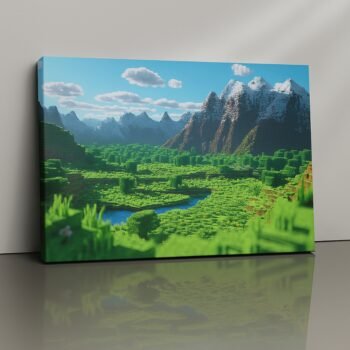 Pixel Wilderness voxel landscape canvas print with mountains and rivers