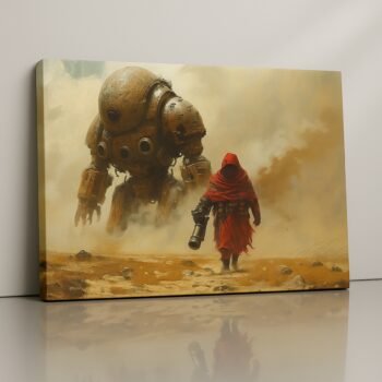 Mech Warlord sci-fi canvas print with giant mech and robed figure