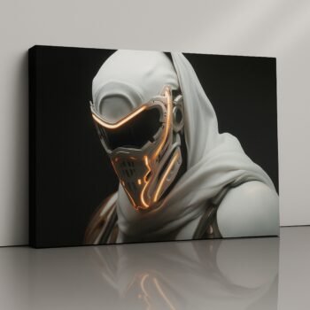 Neon Sentinel cyberpunk warrior canvas print with glowing helmet on dark backdrop