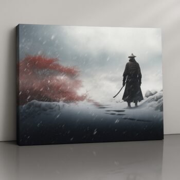 Path of Honor samurai canvas print with red tree amid snowstorm