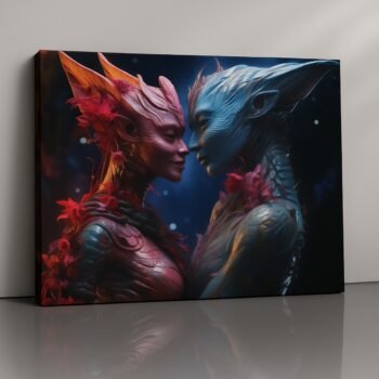 Etherborn Hearts alien romance canvas print with luminous red and blue forms