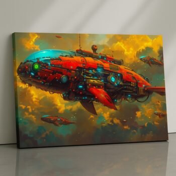 Crimson Armada futuristic battleships canvas print under ember-lit sky