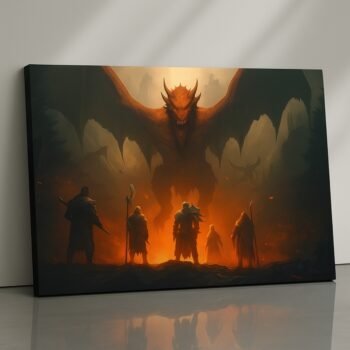 Dragonfall Descent dragon canvas print with blazing flames over warriors