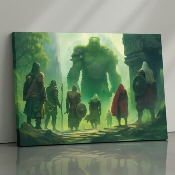 Verdant Awakening fantasy canvas print with glowing green giant and adventurers