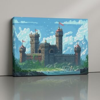 Pixel Bastion retro pixel castle canvas print with vibrant palette