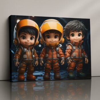 Astro Cadets child astronauts canvas print with bright orange suits