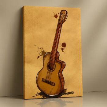 Rustic Guitar Echo acoustic guitar canvas print – earthy tones, parchment backdrop, music-inspired wall art by Artfy Canvas.