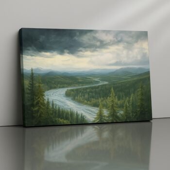 River’s Journey canvas print by Artfy Canvas – wilderness river valley painting for rustic interiors