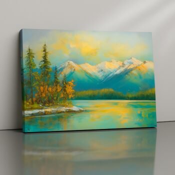 Autumn Reverie fall landscape canvas print by Artfy Canvas – red tree autumn wall décor, seasonal painting, rustic mountain artwork