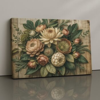 Petals and Pine Canvas Print – earthy rustic floral arrangement, farmhouse wall décor