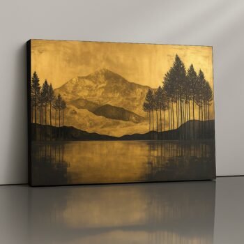 Golden mountain and reflective lake canvas print – luxury shimmering décor by Artfy Canvas