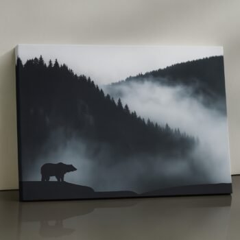 Bear in misty mountain dusk – moody wildlife canvas print décor by Artfy Canvas