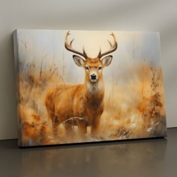 Regal stag in meadow canvas print – wildlife-inspired golden wall art décor by Artfy Canvas
