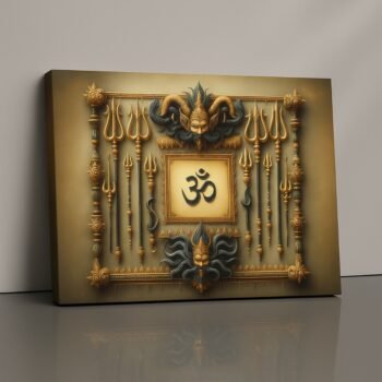 Omniscient Frame Canvas Print with golden Om and Trishul motifs.