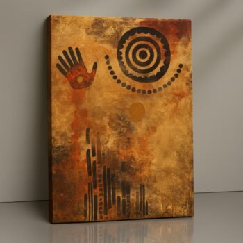 Tribal Echoes rustic canvas print with primitive art and earthy motifs, cultural décor for modern homes