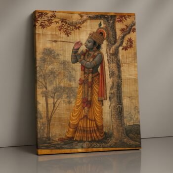 Lord Krishna flute canvas print with golden attire and ornaments, devotional wall décor