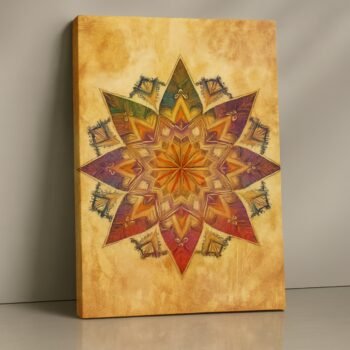 Golden Lotus Star sacred geometry canvas print with golden tones and lotus starburst design
