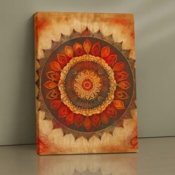Fiery Mandala lotus motif canvas print with bold reds and oranges, spiritual wall art