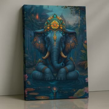 Celestial Ganesha devotional canvas print with mystical aura and ornaments