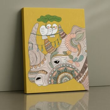 Whimsical Rhino canvas print with folk motifs and birds, earthy palette