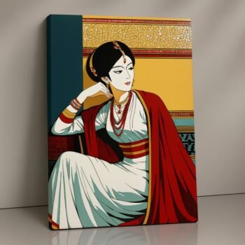 Regal Grace portrait canvas print with deep reds, teals, and gold accents