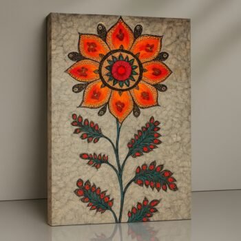 Radiant Blossom floral canvas print in oranges, reds, and emerald greens