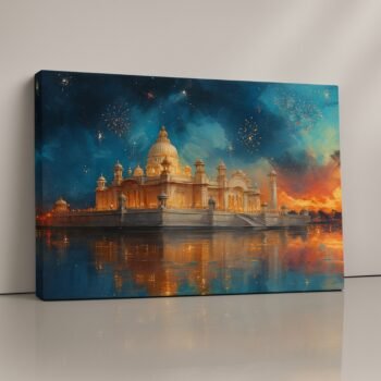 Golden temple lamp glow spiritual wall art canvas print.