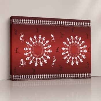 Tribal Harmony Canvas Print with Warli dancers and drum motifs.