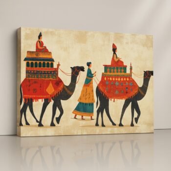 Desert Caravan Canvas Print showing royal camels under amber sky.