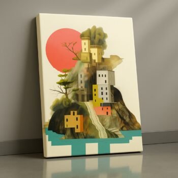 watercolor fantasy village canvas wall art with sun and hillside