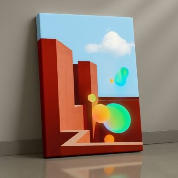surreal futuristic city canvas wall art with floating shapes