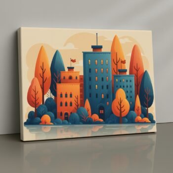 warm illustrated cityscape autumn canvas