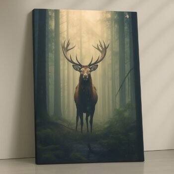 Majestic stag in golden misty woodland print