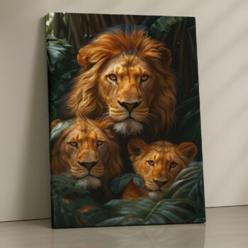 Lion family print of resting in a lush jungle setting.