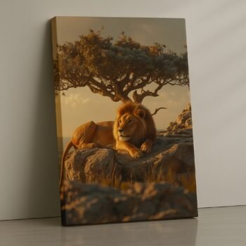 Lion resting on rocks at sunset print