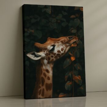 Giraffe eating leaves in warm forest light print