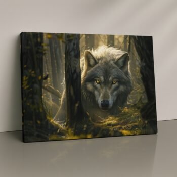 wolf emerging from misty forest print