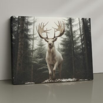 white stag in snowy forest print