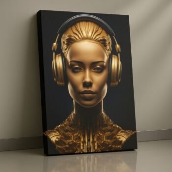 Futuristic female portrait with gold cyberpunk canvas